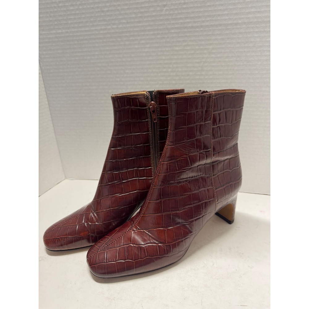 Maje Brown Croc Embossed Leather Ankle Boots Square Toe Block Heel Size 37 7
